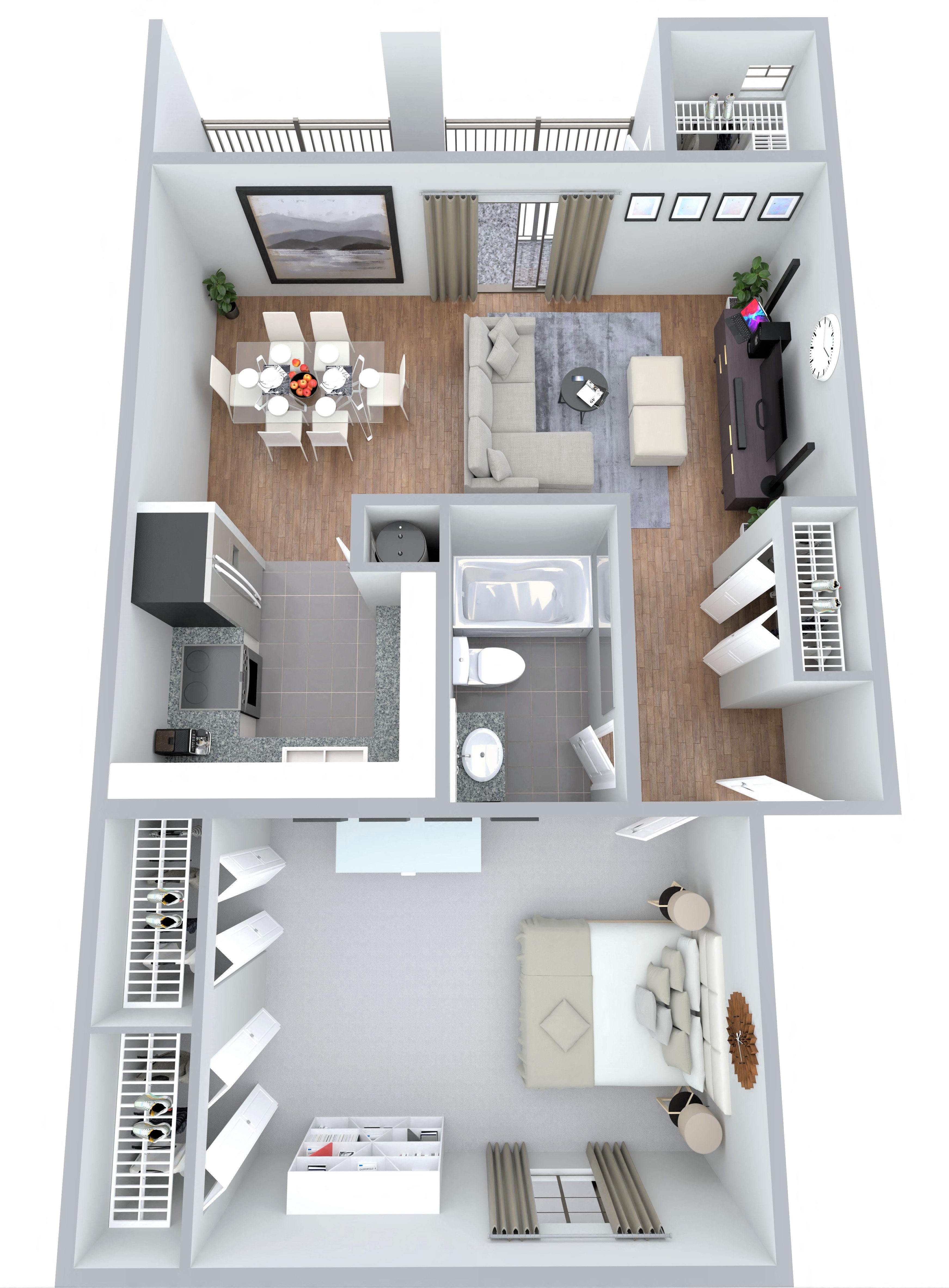 Floor plan for 1 bed, 1 bath, 750 sqft